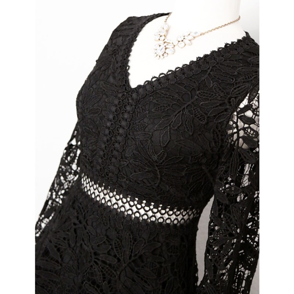 Black Crochet Lace Overlay Fit Flared Skater Dress - Picture 5 of 8